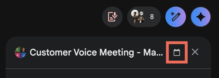 without_daniel's tweet photo. In Google Meet, all of these elements are interactive except for this calendar icon. Feels pretty unnecessary to have it at all. It just adds more cognitive load trying to figure out what it's supposed to do and why it isn't doing something when you try clicking/hovering on it, since you assume it's interactive like the elements around it.  @GoogleDesign