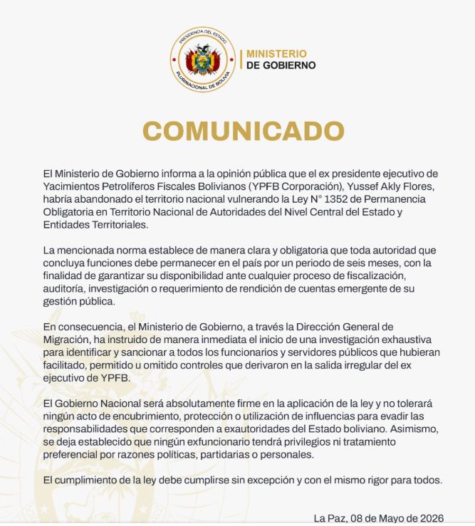 #RPTInforma
🚨Gobierno: Expresidente de YPFB "habría abandonado" Bolivia