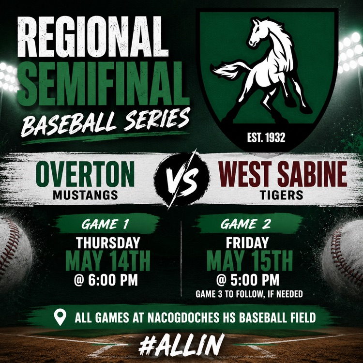 OvertonISD's tweet photo. Mustang Baseball Fans
Regional Semifinal Baseball Series Info:

Overton vs West Sabine
Thursday May 14th @ 6:00
Friday May 15th @ 5:00
(Game 3 to follow, if needed)

All games at Nacogdoches HS baseball field

#ALLIN https://t.co/VrP05btLKD