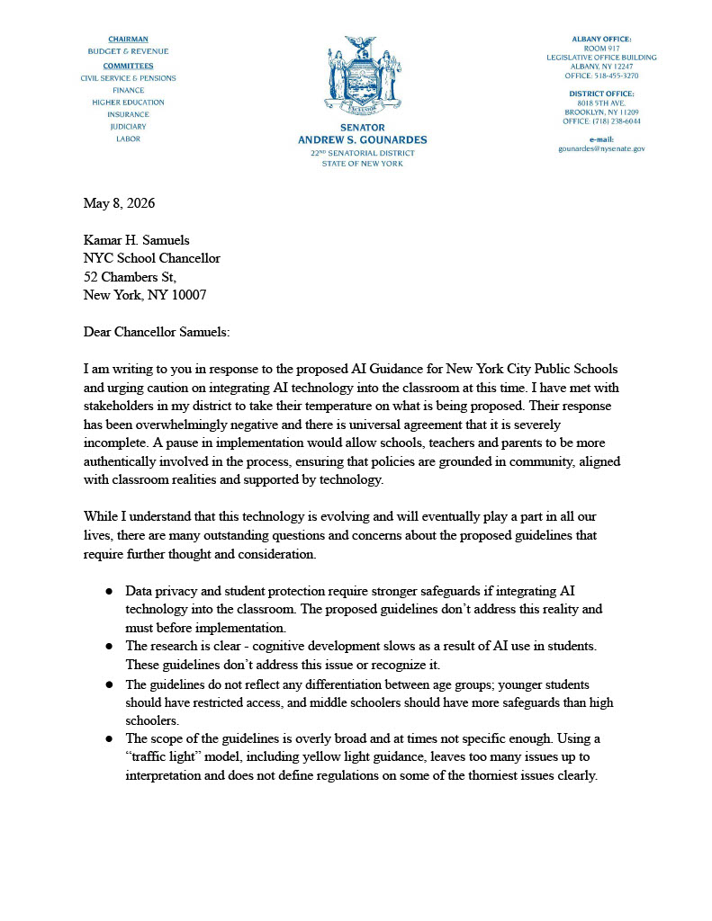 State Senator Andrew Gounardes tweet media