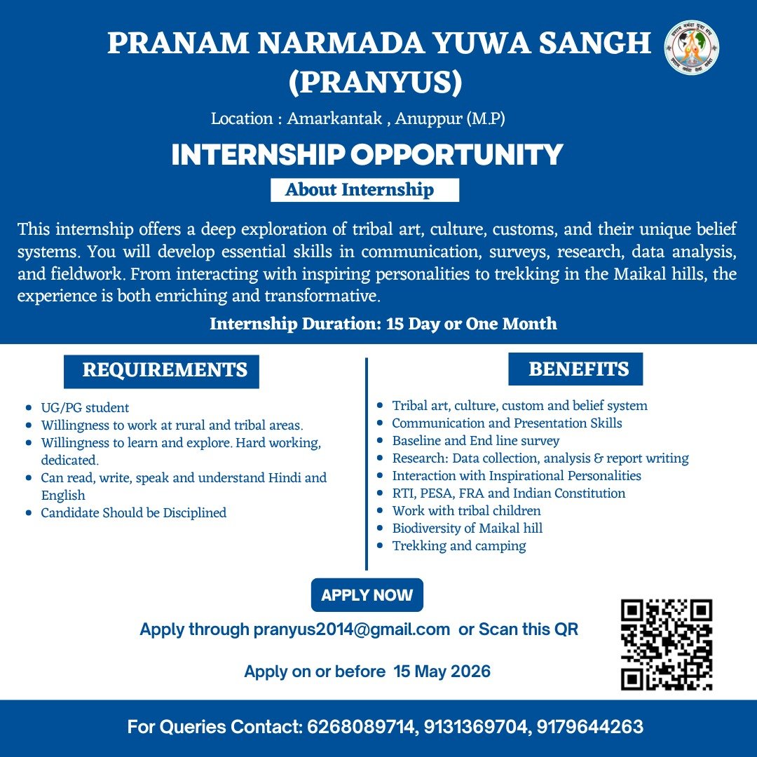 pranyus's tweet photo. 🌿 INTERNSHIP OPPORTUNITY 🌿

PRANYUS invites UG/PG students for a unique field-based internship at Amarkantak, M.P. https://t.co/XhRn9KHkz9