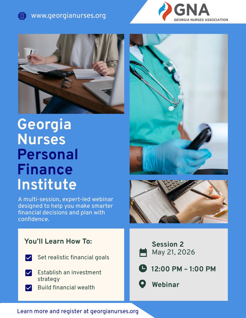 GeorgiaNurses's tweet photo. Now available! Registration for session 2 of the Georgia Nurses Personal Finance Institute, "Straight Talk About Investing: Investing 101". Learn more and register at https://t.co/ufEHUCt094.

#GeorgiaNurses #Finance #Money https://t.co/x8RdyBUGP3