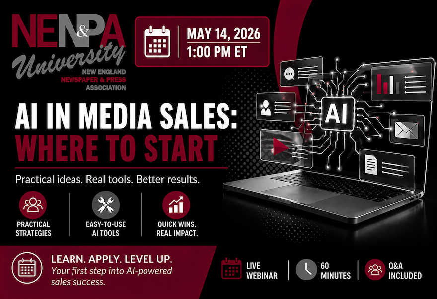NENPA's tweet photo. Freelancers and newsroom leaders: new opportunities and resources in this week’s eBulletin. Learn about our freelancer network, sign up for the May 14 - AI in Media Sales webinar, and get ready for the opening of our Fall Awards programs. Read it: https://t.co/cg11v1TPT2 https://t.co/St02fgOUdh