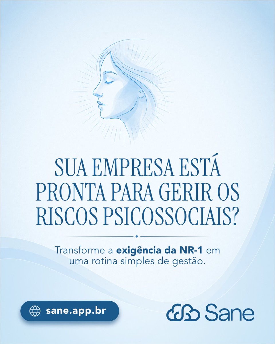 claudenir's tweet photo. Sua empresa está pronta para gerir os riscos psicossociais?

A NR-1 agora é muito mais simples.

Transforme essa exigência em uma rotina leve e eficiente de gestão da saúde mental da sua equipe com a Sane.

Proteja o bem-estar das pessoas e garanta compliance sem complicação.
Acesse: https://t.co/6GWZ4ROY79

#SaudeMentalNoTrabalho #NR1 #RiscosPsicossociais #GestaoEmpresarial #Sane