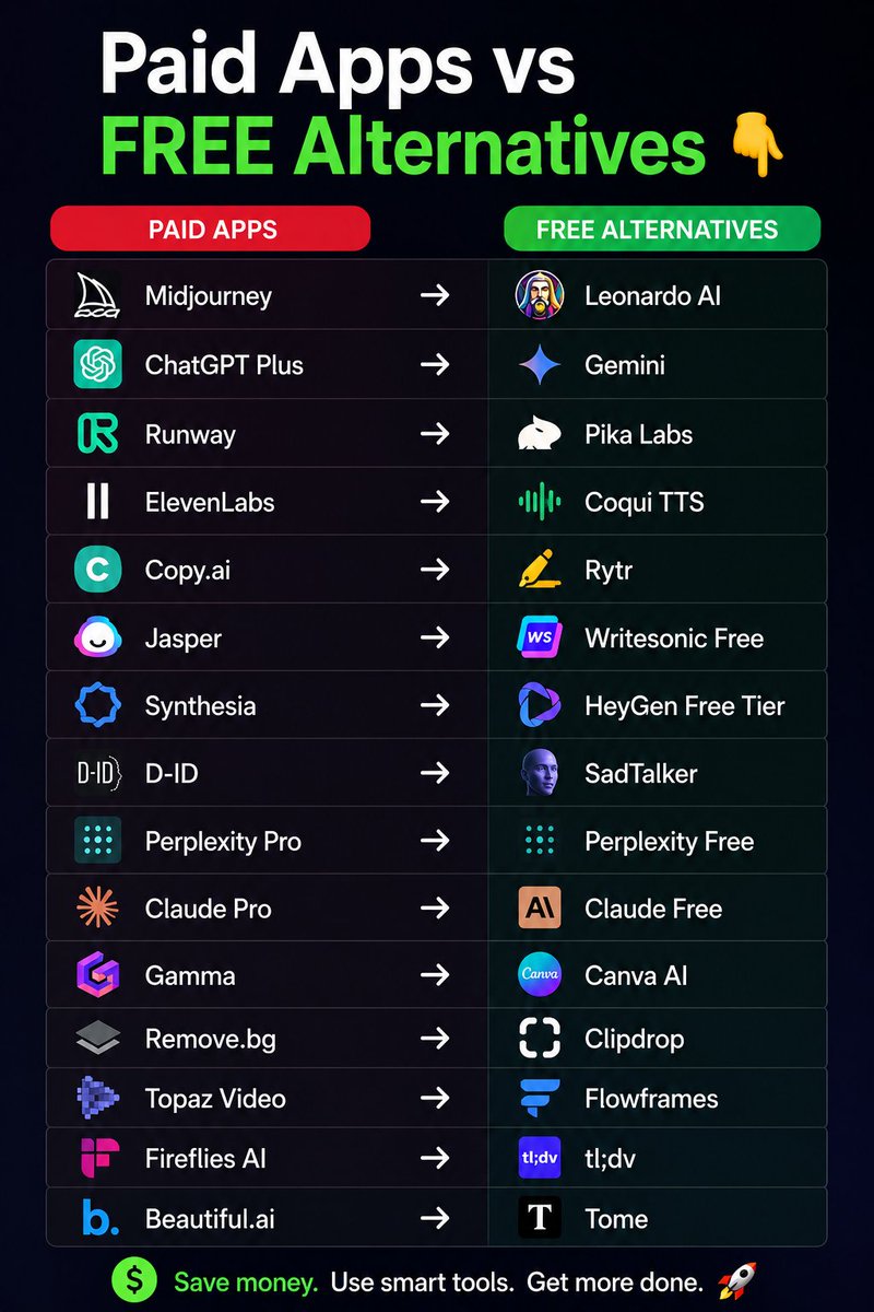 Hey_Aivetra's tweet photo. AI doesn’t have to be expensive.

Paid Apps vs FREE Alternatives 👇

Midjourney → Leonardo AI
ChatGPT Plus → Gemini
Runway → Pika Labs
ElevenLabs → Coqui TTS
https://t.co/fZ6VnapApa → Rytr
Jasper → Writesonic Free
Synthesia → HeyGen Free Tier
D-ID → SadTalker
Perplexity Pro → Perplexity Free
Claude Pro → Claude Free
Gamma → Canva AI
https://t.co/vHrw9CJ6Vg → Clipdrop
Topaz Video → Flowframes
Fireflies AI → tl;dv
https://t.co/8MFf64APHi → Tome

Free AI is catching up fast.