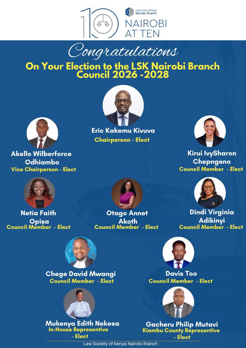 OduorACaroline's tweet photo. Congratulations to the newly elected Chairperson, Vice Chairperson and Council Member of the LSK Nairobi Branch for the 2026–2028 term.

The confidence placed in you by members is both an honour and a significant responsibility. As you assume office, may your leadership be guided by integrity, inclusivity, professionalism and an unwavering commitment to the interests of members and the rule of law.

Leadership within the profession is ultimately measured not by titles, but by service, accountability and impact.

Wishing you wisdom and success as you embark on this important journey.