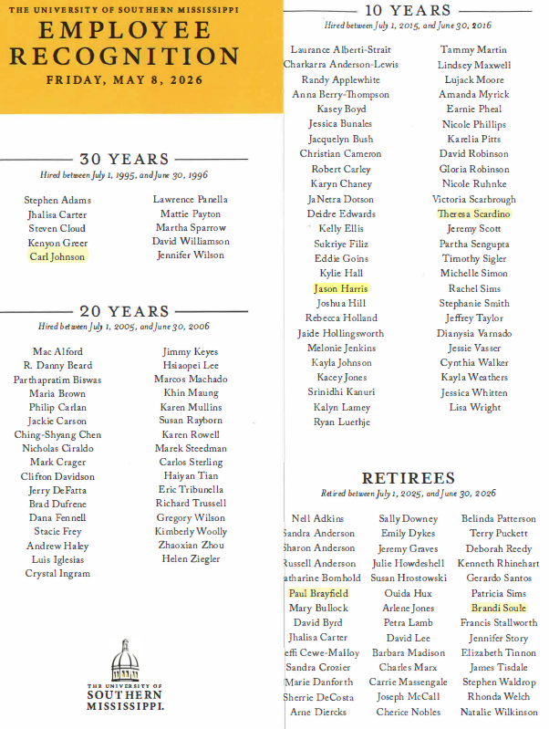 USMiTech's tweet photo. Congratulations to our incredible team members celebrating employment milestones at USM! Your dedication and hard work make a difference every day, and we’re grateful for all you do for @SouthernMiss. Drop a comment to share your favorite memories or send your well wishes! https://t.co/y1WP67rtkg