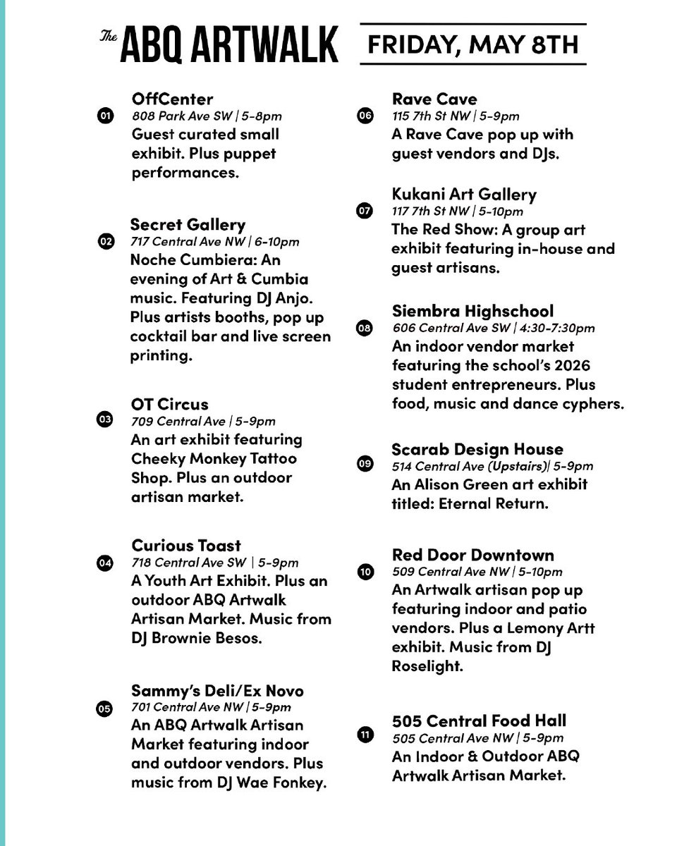 ABQartwalk's tweet photo. TONIGHT IS ABQ ARTWALK 5-9pm ✨ Grab this month’s Beedallo map edition at participating locations or online to navigate tonight’s featured artists, exhibitions and events! 

Explore downtown with ABQ Artwalk! Tonight Friday May 8th 5-9pm!

https://t.co/dPrgYwrSPV https://t.co/cKpy7Ntrsi