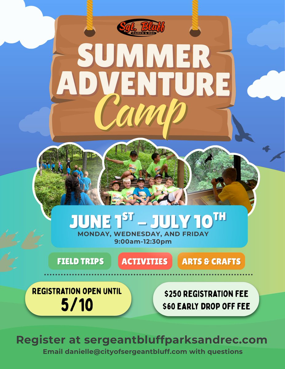 Sgtbluffrec's tweet photo. There are only 𝟮 𝗱𝗮𝘆𝘀 𝗹𝗲𝗳𝘁 to register for Summer Adventure Camp! 
Don’t miss out on 6 weeks of field trips, games, activities, and fun. 
Spots are filling up quickly, so don’t wait until it’s too late!
Registration ends May 10th @ 11:45pm! https://t.co/zyREKRrc8l