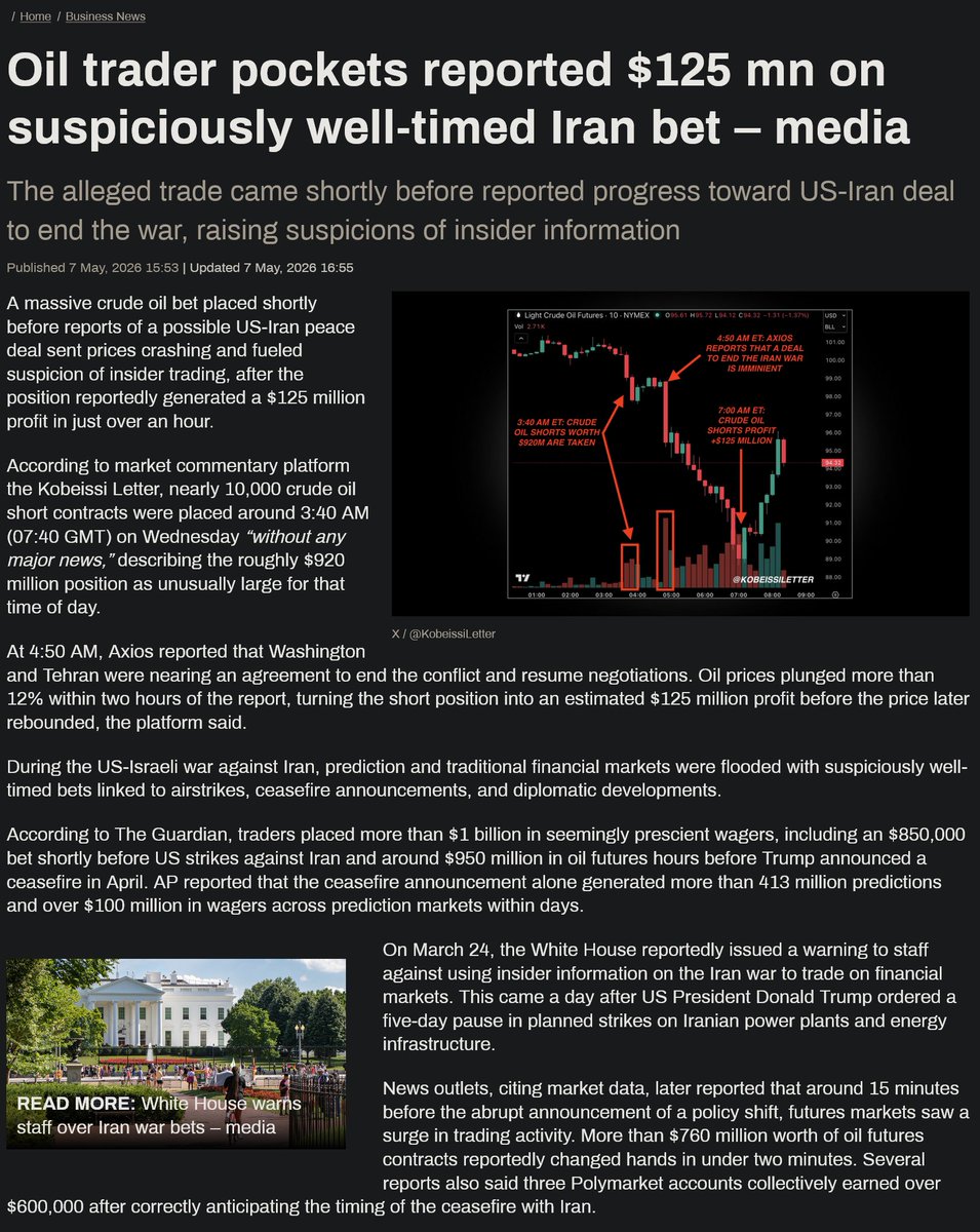 ConTorrents's tweet photo. Oil trader pockets reported $125 mn on suspiciously well-timed Iran bet – media

Trump continues to use the presidency to enrich himself and his friends. https://t.co/QlCVVRGzHn