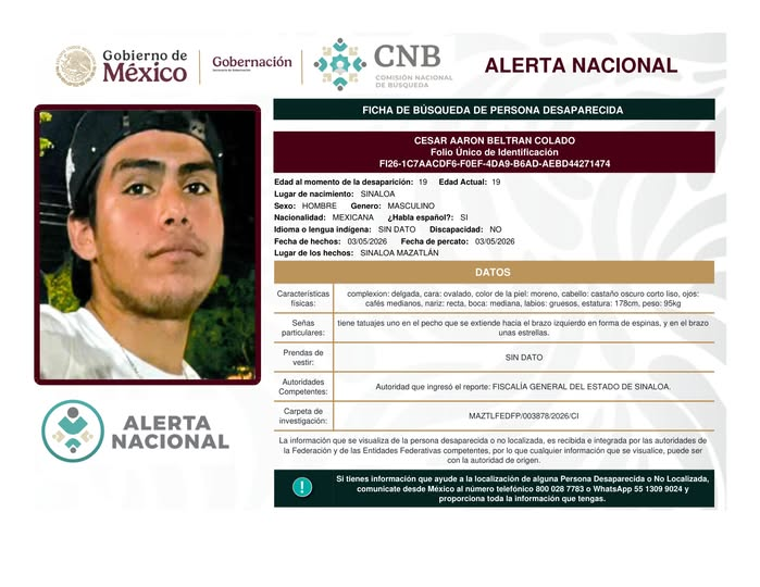 Alerta Nacional de Búsqueda | Si cuentas con información que contribuya a la localización de CESAR AARON BELTRAN COLADO, comunícate al 800 028 7783 o vía WhatsApp al 55 1309 9027. Tu información puede ser clave. #AlertaNacional #TodosEnLaBúsqueda