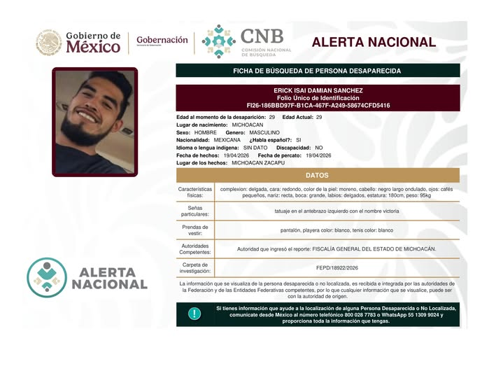 Alerta Nacional de Búsqueda | Si cuentas con información que contribuya a la localización de ERICK ISAI DAMIAN SANCHEZ, comunícate al 800 028 7783 o vía WhatsApp al 55 1309 9027. Tu información puede ser clave. #AlertaNacional #TodosEnLaBúsqueda
