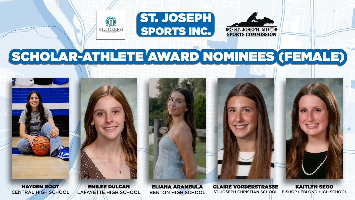 StJoMoSports's tweet photo. We are honored to once again help present the annual St. Joseph Sports Inc. High School Scholar-Athlete, Coach of the Year and Community Engagement Award of Excellence Awards Show this Monday at 7 PM at MWSU.   Here are this years nominees for Female Scholar-Athlete of the Year! https://t.co/rossY57XvK
