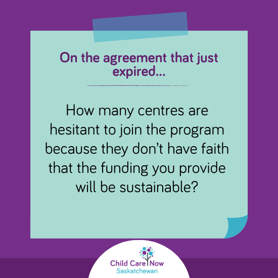 CCNowSask's tweet photo. Looking for answers about the new SK child care agreement? So are we! We're posting our most burning questions for Minister Hindley here the next few weeks, for you to share and ask him (or your MLA) as well!

Find the full list of questions on our website (link in bio)

#skpoli https://t.co/1zLrzu6khJ