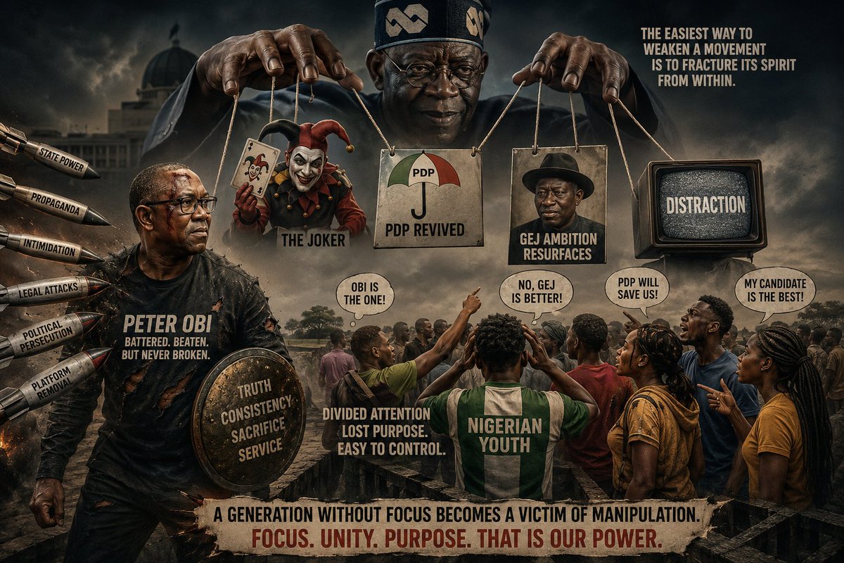 BlazeRegent's tweet photo. Nigerian youths cry for change, yet scatter themselves at every carefully planted distraction. Since 2023, one man has stood in the furnace of opposition without rest; battered, mocked, politically flogged, chased from one platform to another, forced out of LP, cornered out of ADC, and now struggling to survive within NDC. Yet he kept moving. He kept speaking. He kept fighting. While many only tweeted, he carried the bruises of resistance in real time.

But just when it seemed every political missile thrown at him had failed, the old magicians in power reached for a new joker 🃏. Suddenly PDP breathes again. Suddenly dormant ambitions rise from the grave. Suddenly GEJ’s name appears like thunder from a dry sky. And the same youths who pushed Peter Obi onto the battlefield, who screamed "we are behind you" while he absorbed the bullets of the establishment, have now turned their eyes elsewhere after barely a few weeks of noise and speculation.

This is the tragedy of the Nigerian youth: too emotionally reactive to stay strategically focused. Every new headline becomes a new religion. Every distraction becomes a new pilgrimage. The oppressor does not always defeat people by force; sometimes he simply divides their attention until their purpose dies quietly.

A people without focus are easy to manipulate. A generation without a united aim becomes a market where ambitions are bought cheaply and sold loudly. Today it is no longer about removing Tinubu or confronting hardship; it has become another chaotic contest of “my candidate is better than yours,” while the real architects of power sit back and smile at the confusion they engineered.

And what is more painful is that many who pride themselves as politically aware have willingly tied blindfolds around their own eyes. They are watching the distraction happen in real time, yet applauding it like spectators in a circus. Tinubu understands something many Nigerians still do not: the easiest way to weaken a movement is not to attack it directly, but to fracture its spirit from within.

In the end, Peter Obi may survive politically or he may not. But the real casualty will be Nigerian youths, a generation constantly standing at the doorstep of history, yet repeatedly allowing itself to be lured away by noise before the door finally opens.

© @BlazeRegent