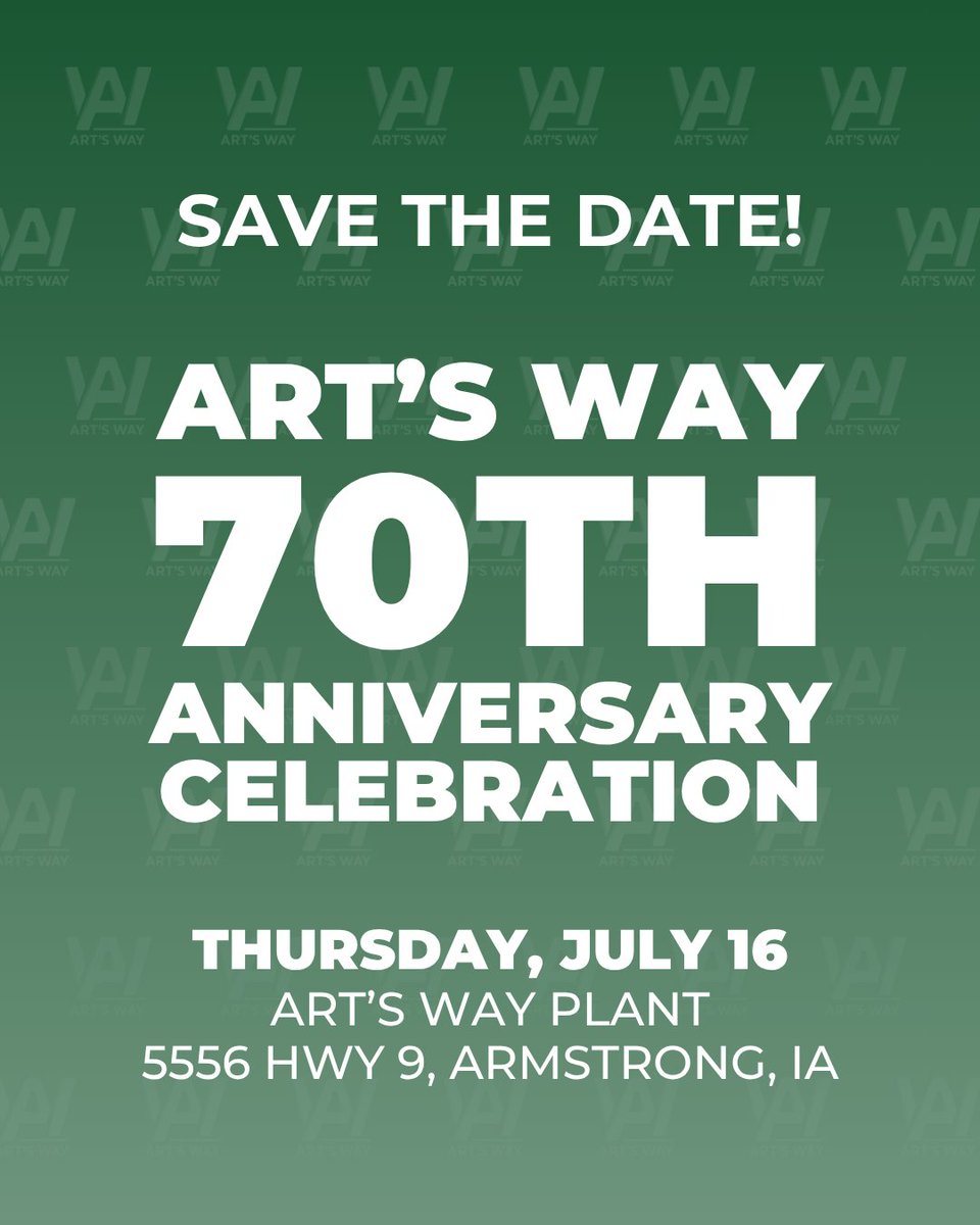 ArtsWayMfg's tweet photo. You're invited to help us celebrate 70 years of Art's Way!🎉

🗓️Thursday, July 16
📍Art's Way Plant in Armstrong

🕒3:00-5:00 - Plant Tours (starting every 20 minutes)
5:00-6:30 - Supper (free will donation to benefit local FFA chapters)
6:30 - Program
7:00 - Live Music (beverages available for purchase)

Help us get an estimated headcount — RSVP here:
https://t.co/ANASPNQTpp