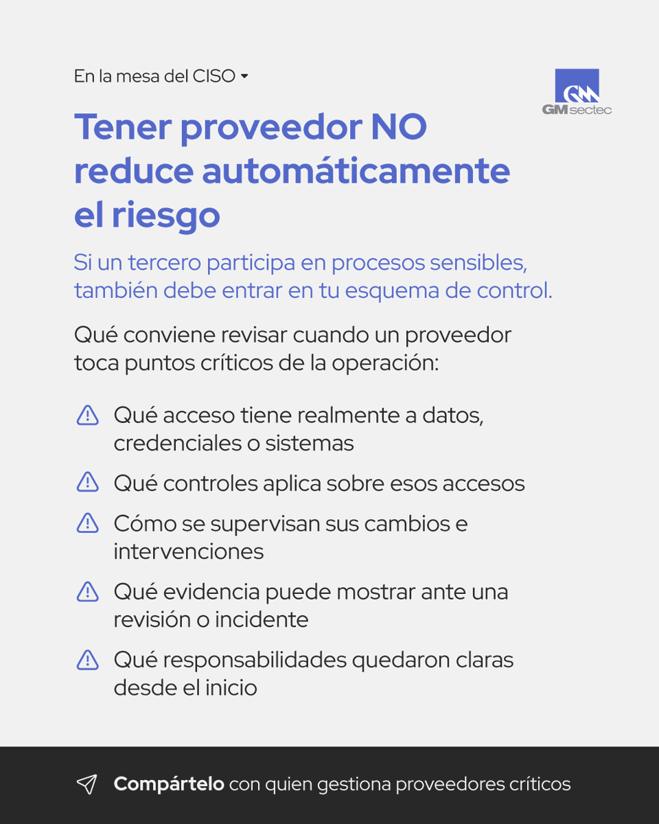 gmsectec_mx's tweet photo. Externalizar puede aliviar carga operativa, pero no transfiere automáticamente el riesgo que esa función genera. (OJO)

Si un proveedor participa en accesos sensibles, integraciones críticas o tratamiento de datos, también debe quedar bajo una lógica clara de control.

#GMsectec https://t.co/kOXA5tvus1