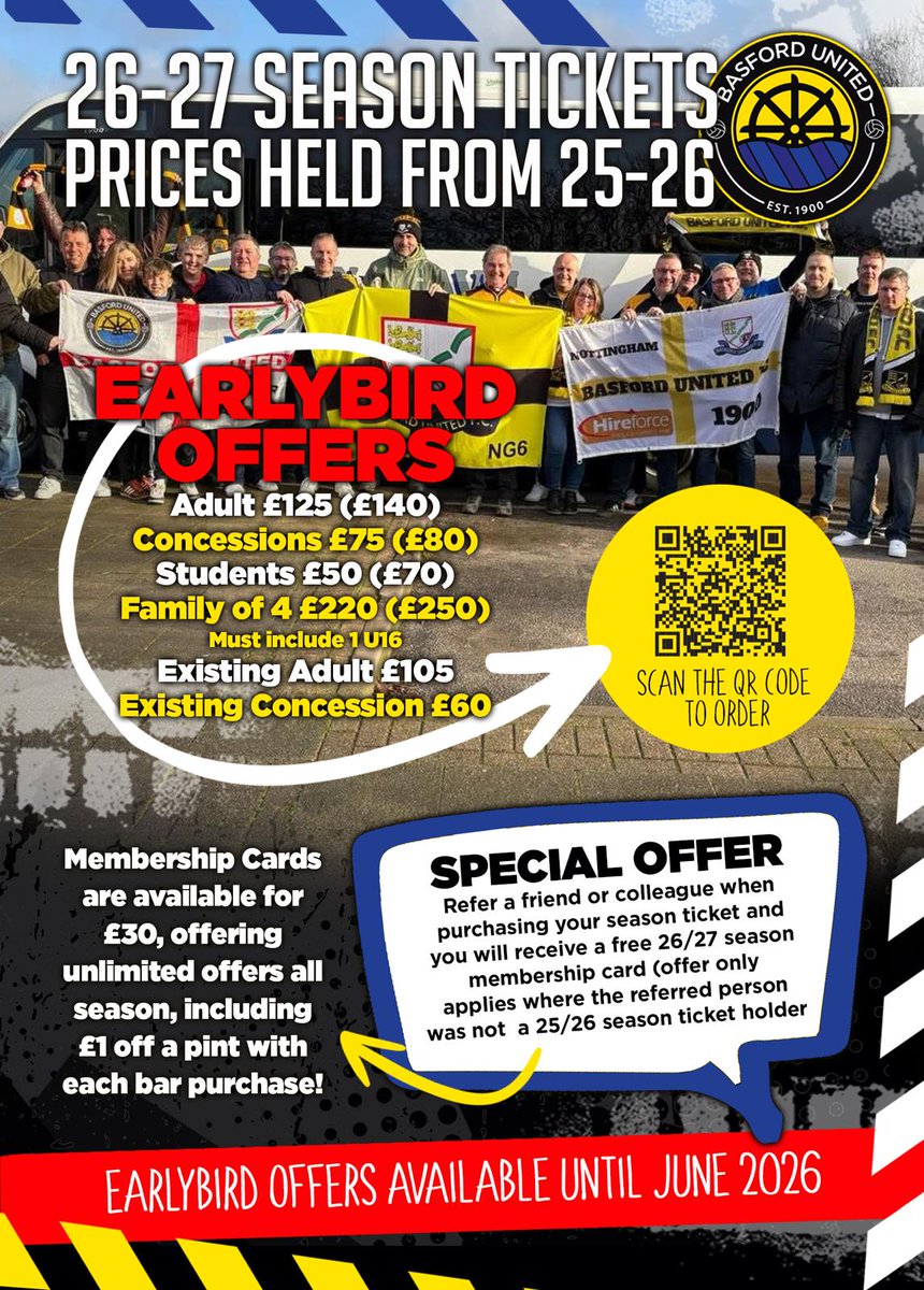 Basfordutdfc's tweet photo. 🎟️𝟐𝟎𝟐𝟔/𝟐𝟕 𝐒𝐄𝐀𝐒𝐎𝐍 𝐓𝐈𝐂𝐊𝐄𝐓𝐒 𝐍𝐎𝐖 𝐀𝐕𝐀𝐈𝐋𝐀𝐁𝐋𝐄

Take advantage of our fantastic early bird offers ahead of the new season at Greenwich Avenue. 💛🖤

Included in this year’s packages:
• Discounts of almost 40% for existing season ticket holders
• Free membership card offer for season ticket referrals
• Launch of our new season-long membership cards, including benefits such as £1 off every pint with unlimited matchday use
• Free entry to all home pre-season friendlies

💳 Membership cards are also available for non-season ticket holders for just £30.

🎟️ Season Tickets:
https://t.co/9FIyAdncx0

💳 Membership Cards:
https://t.co/w9woNLZCz0

#𝐂𝐎𝐘𝐀 || #𝐔𝐓𝐀 || #𝐏𝐚𝐜𝐤𝐓𝐡𝐞𝐀𝐯𝐞𝐧𝐮𝐞
