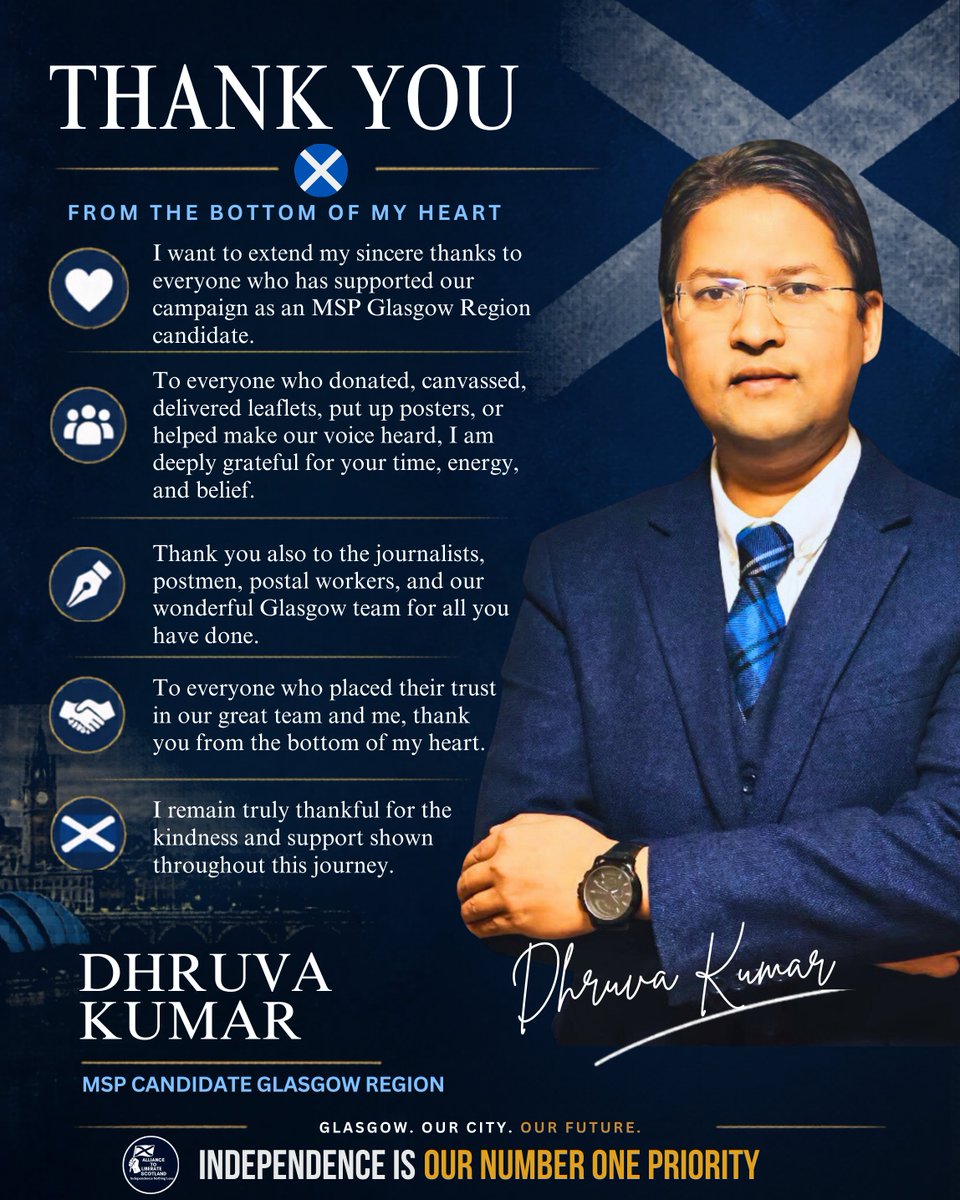 Dhruva4Alba's tweet photo. Thank you to all our wonderful activists, supporters, and everyone who played a part in this campaign. Your time, effort, and belief made a real difference, from canvassing and leafleting to helping us spread our message across Glasgow.

A special thank you as well to our journalists, postal workers, and the incredible Glasgow team for all your hard work and support. From the bottom of my heart, thank you for your trust, kindness, and commitment throughout this journey.

A fight for Scottish independence, social justice, equality, and the people will continue.
Independence is the only way to fix Scotland’s future.
#ScottishIndependence #scotland #dhruvakumar