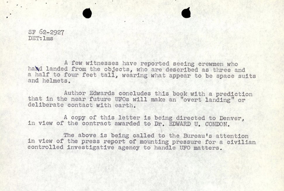 FearedBuck's tweet photo. From the UFO files;

“A few witnesses have reported seeing crewmen who
hand landed from the objects, who are described as three and a half to four feet tall, wearing what appear to be space suits and helmets” https://t.co/kap1kjon4z