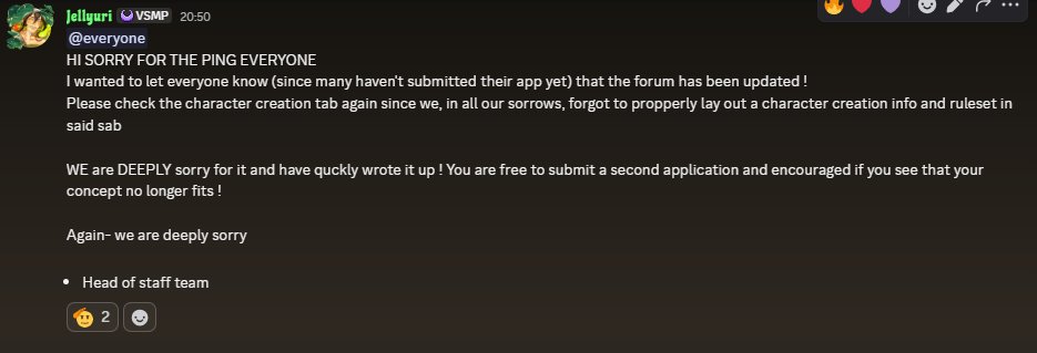 XRedemptionSMPX's tweet photo. IMPORTANT MESSAGE ABOUT APPLICATION! 

We are greatly sorry! 

- jelly https://t.co/FgUqsxNEca