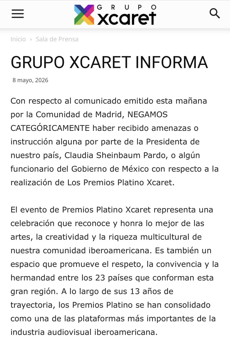 Xcaret, el resort de la Riviera Maya que alberga los Premios Platino, “niega categóricamente” las supuestas amenazas de cancelar los premios si es que Ayuso acudía a la gala de mañana.