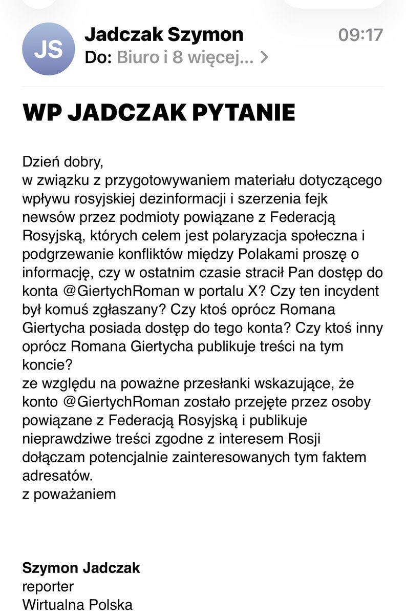 GiertychRoman's tweet photo. Red. Jadczak sugeruje, że moje konto zostało przejęte i prowadzą je Rosjanie. Czy ktoś w redakcji WP mógłby tego Pana wysłać na badania? https://t.co/fAQcyAJin2