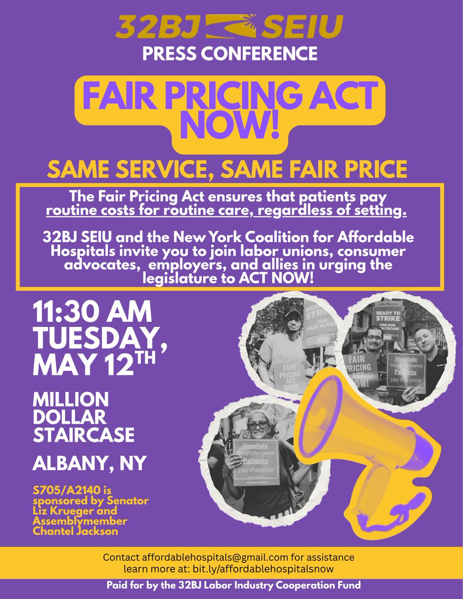 32BJSEIU's tweet photo. Next week @32BJSEIU members are heading to Albany to demand the NY Fair Pricing Act!

Hospitals bought the market, patients pay the price!

It’s past time to ensure routine medical services stay routine in cost! https://t.co/SNHlKeXWY6