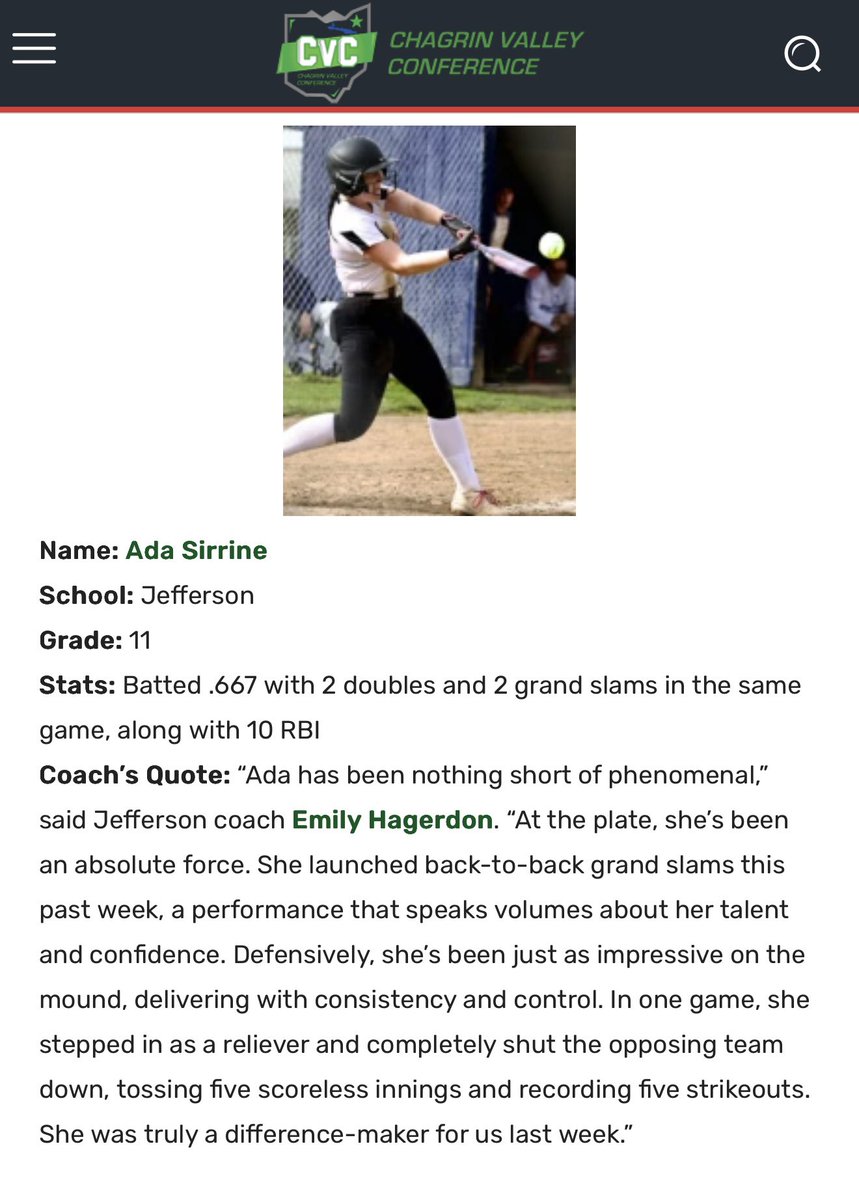 AdaSirrine2027's tweet photo. I’m honored to of made the @CVC_Athletics Player of the week ‼️
#PITCHER #THIRDBASEMAN #utility
@JAFalcons @TEPremierHammer @OilerPride22
@SoftballRio @KentStSoftball @GSAthletics_SB @ZipsSB @UFOilerSoftball @LakelandPrice @EFSCSoftball @Gannon_Softball @IUPsoftball @UBSoftball @ToledoSoftball @KSUTuscSoftball @OhioStateSB @ODU_Softball @MiamiOH_SB @OhioBobcatSB @WUCardinals @HerdSB @triC_softball @OaklandSoftball @recruitmeSB