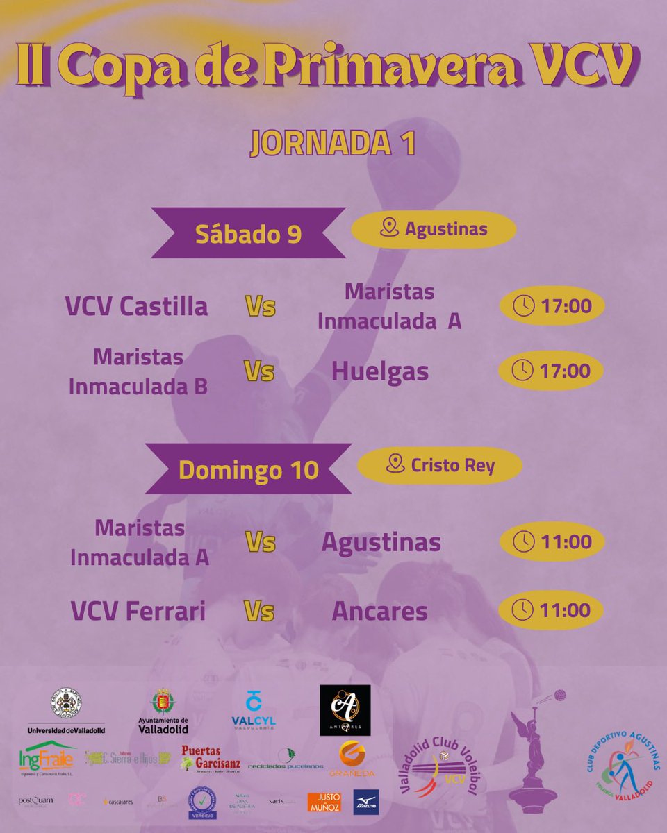 VCVoleibol's tweet photo. 🏐 ¡Arranca la II Copa de Primavera VCV!
Os dejamos los horarios de la primera jornada de un torneo que se disputará durante todo el mes de mayo

💜 Un mes para disfrutar, aprender y seguir creciendo partido a partido.

#OrgulloVCV #VoleibolConValores #ValladolidVoleibol https://t.co/YoQQ6OsNta