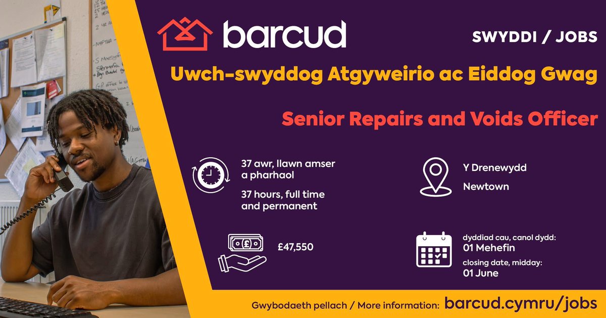 taibarcud's tweet photo. SWYDD GWAG - UWCH-SWYDD
oG ATGYWEIRIO AC EIDDO GWAG
📍 Y Drenewydd
Oes gennych chi ddiddordeb?
Am fwy o wybodaeth ewch i  👉 https://t.co/805Si4w7Mn
___
JOB VACANCY - SENIOR REPAIRS AND MAINTENANCE OFFICER
📍 NEWTOWN 
For info or &amp; apply 👉 https://t.co/805Si4w7Mn https://t.co/GHRb4oJEYr
