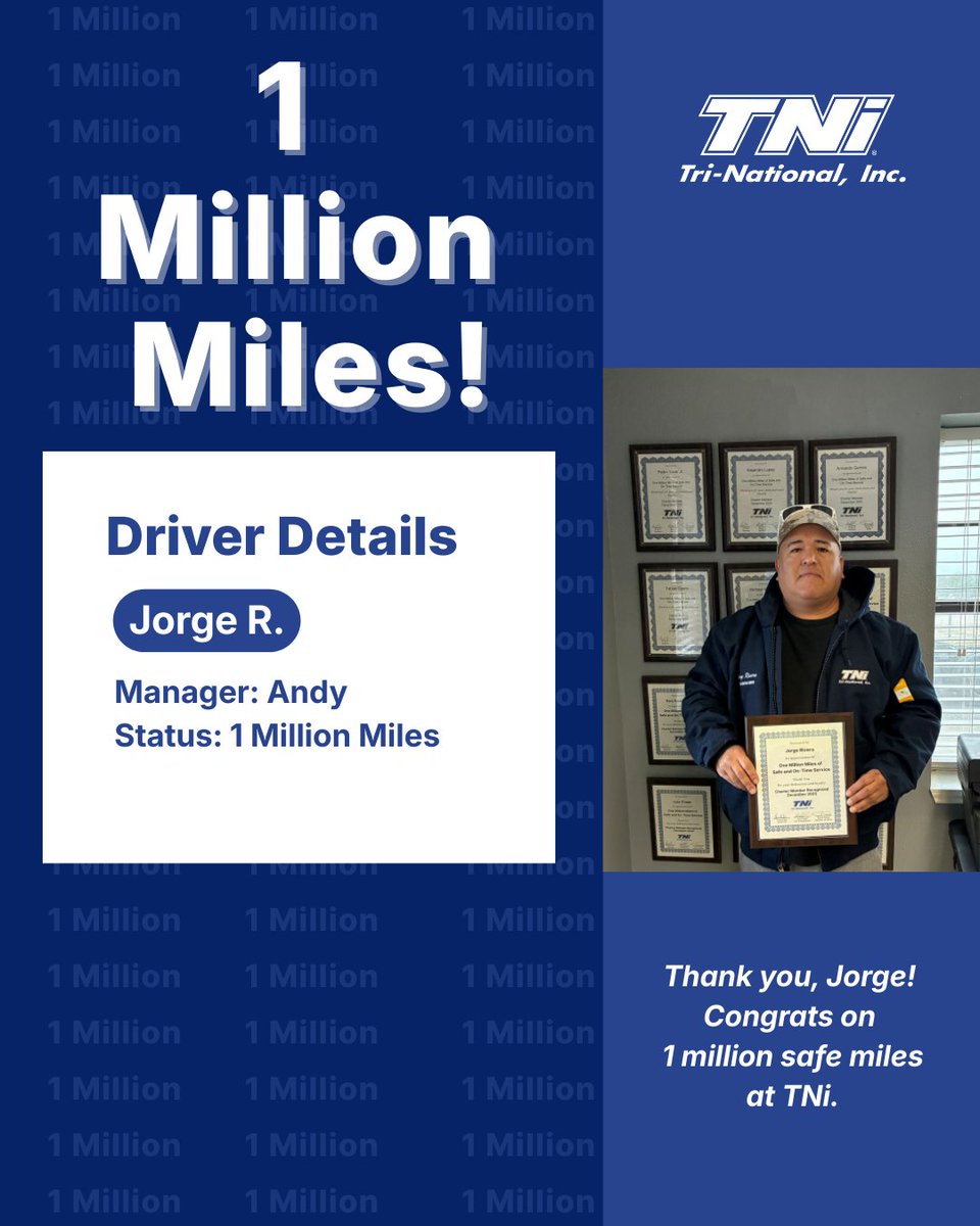 TriNatInc's tweet photo. From one to one million miles, the reliability never wavered!
Jorge R. is officially a part of the million mile driver club. ✅
Thank you for leading by example Jorge, and completing 1 million safe miles on the road. https://t.co/AW7QAqeIyv