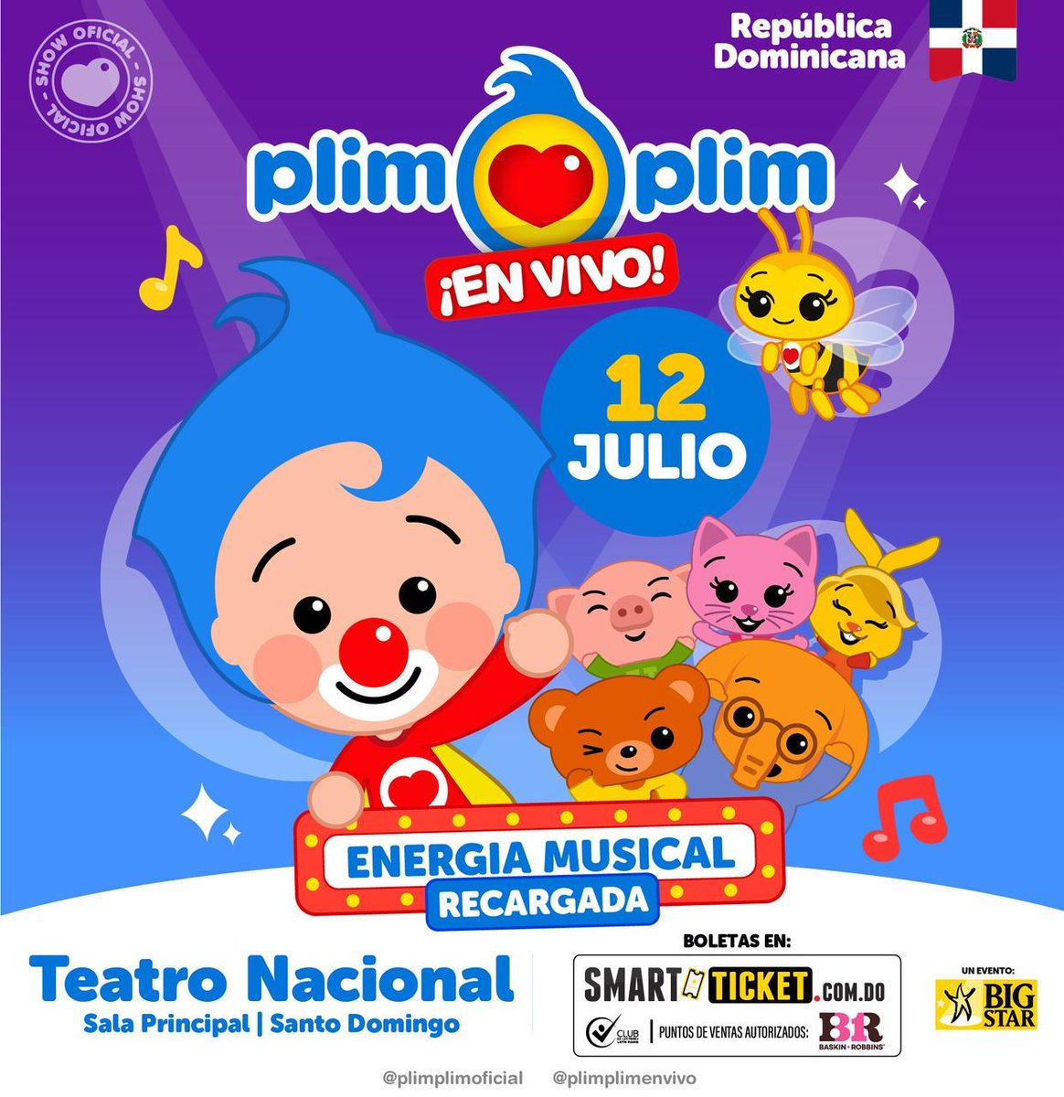 TN_EB's tweet photo. Prepárate para cantar, bailar y vivir una experiencia mágica junto a Plim Plim y todos sus amigos en un nuevo show lleno de alegría, colores y mucha energía.

Boletas disponibles YA en https://t.co/BL4iKNN0us, Baskin
Robbins y Club de Lectores https://t.co/ELFS4K8hTQ