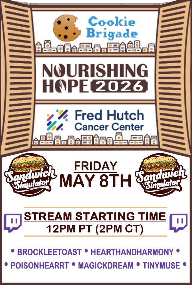 T1nyMuse's tweet photo. Hey everyone! Today I'll be streaming Sandwich Simulator while fundraising for Nourishing Hope @fredhutch @cookie_brigade with @poisonedheart77 @Magick_Dream and friends!! Come hang out! There will be giveaways at the end!
https://t.co/qKuffXwYfq https://t.co/pv0bMgpJgy