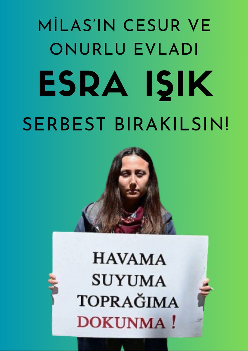 ESRA'MIZ SERBEST BIRAKILMALIDIR! 

31 Mart tarihinden beri haksız ve hukuksuz yere tutuklu ve sürgün olan Esra'mız için adalet nöbetindeyiz! 

Tüm Akbelen dostlarını 9 Mayıs Cumartesi günü 11.00 ile 16.00 arasında Milas Atapark'a bekliyoruz.

#EsraIşıkSerbestBırakılsın