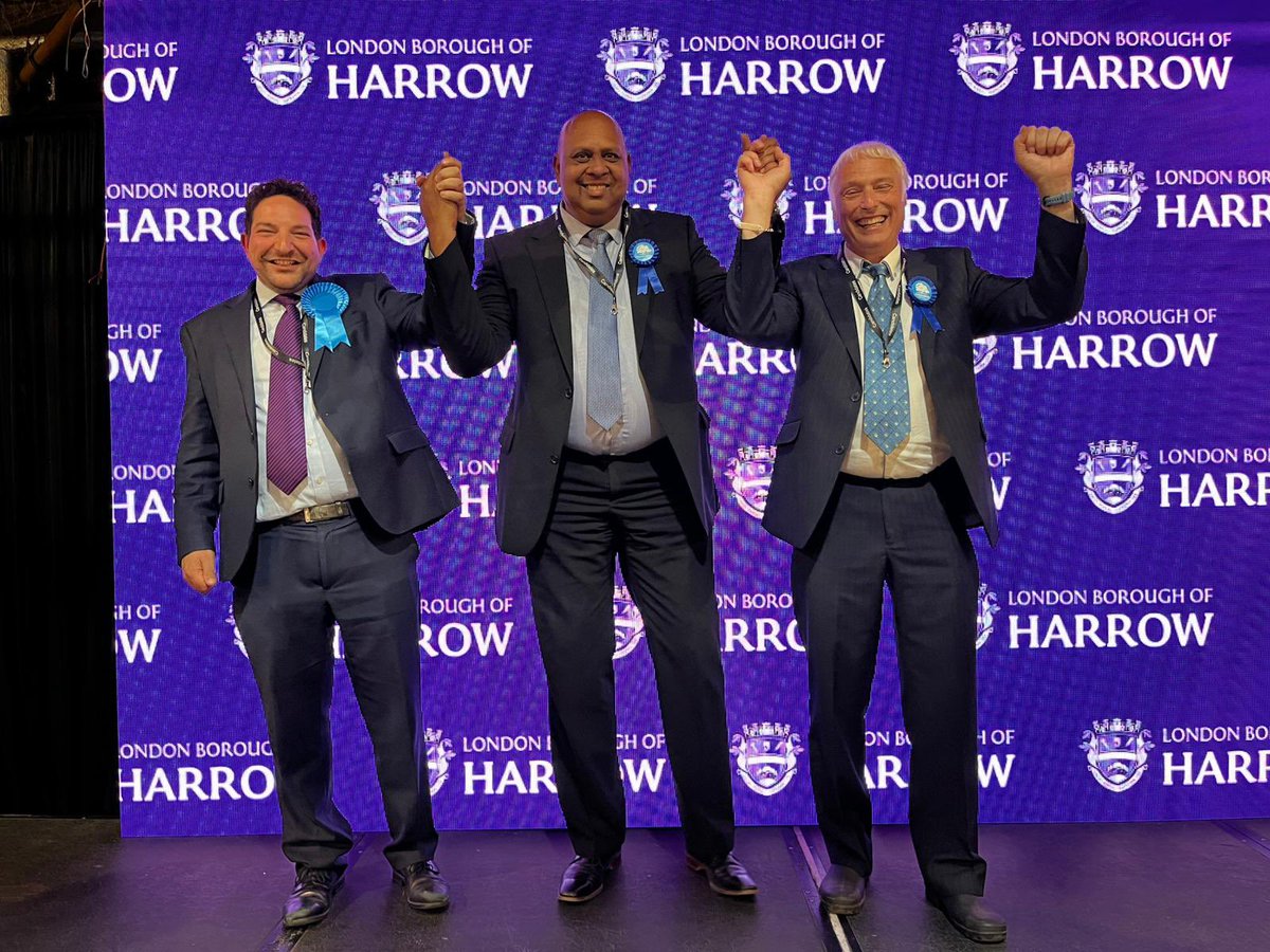 StephenGreek's tweet photo. Delighted to be elected for a fifth time as Conservative councillor for Harrow Weald with an increased majority, alongside my two wonderful colleagues Pritesh and Michael. Thank you to all who supported us. https://t.co/C5OR86tGeL