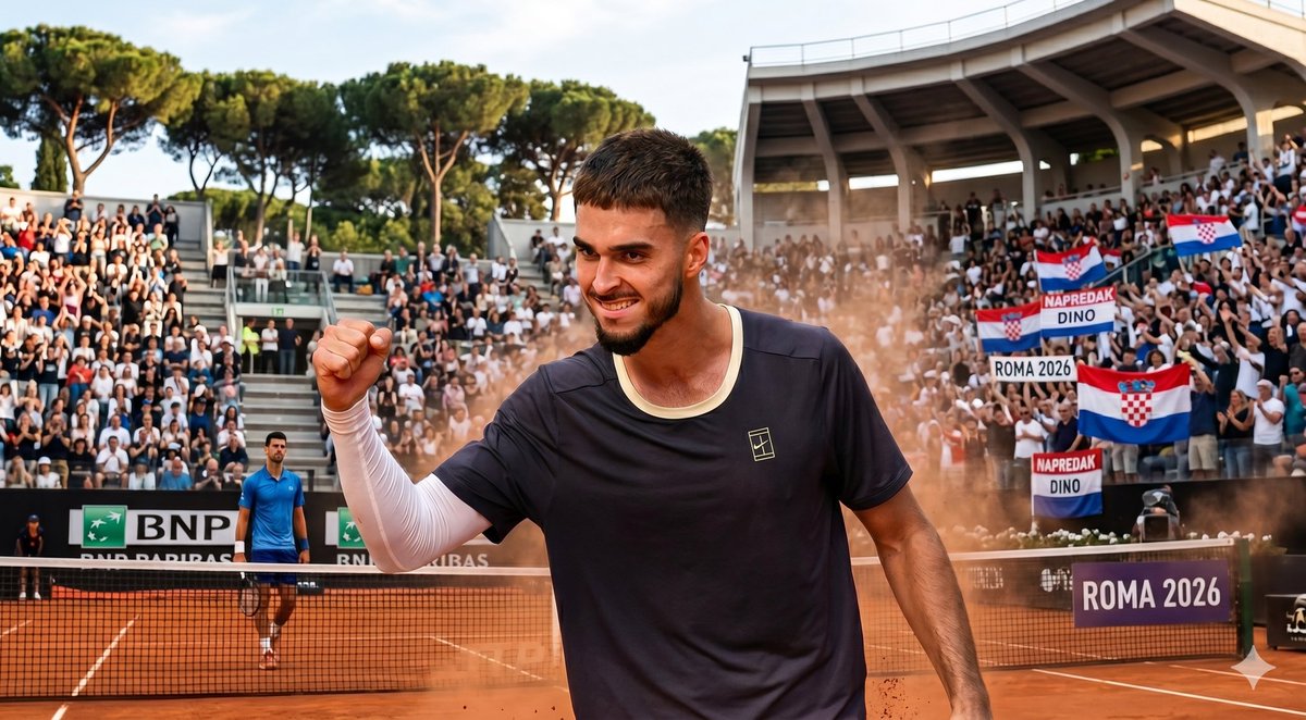 FanHall96's tweet photo. Dino Prizmic acaba de eliminar a Novak
Djokovic en Roma. 🎾🔥
El mismo Djokovic que de niño era su
ÍDOLO. El que lo inspiró a comer sano,
a pelear cada punto.
20 años. Clasificado. Y ya le ganó al
mejor.
Futuro enorme
#Prizmic #Djokovic #IBI26 #ATPRoma
#Tennis #FanHall https://t.co/w0bA3etlns