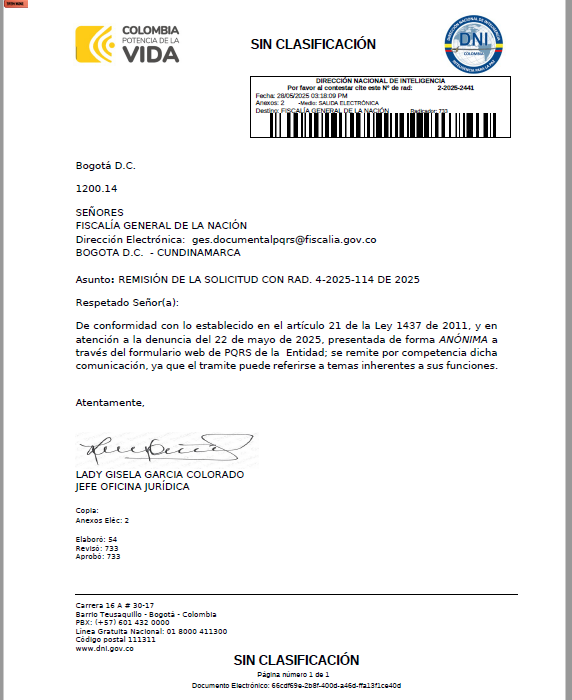 !Atención! Esta es la prueba contundente que a la Fiscalía de Adriana Camargo le llegó información contra miembros de la Junta/Narcotráfico y sus graves delitos. La denuncia la recibió el DNI y la envió a la FGN (rad 4-2025-114) y NO SE HIZO NADA. Petro debe ser alertado. Sigue👇