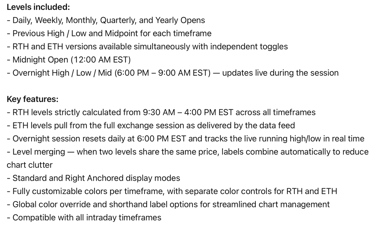 salmaogs's tweet photo. For those who are interested, I made my own key levels indicator which I find extremely useful when I'm day trading

You can have it showcase RTH/ETH levels with the ability to have both on at the same time 

It also auto plots overnight high/low + midnight open 

Sharing the 🔗 below