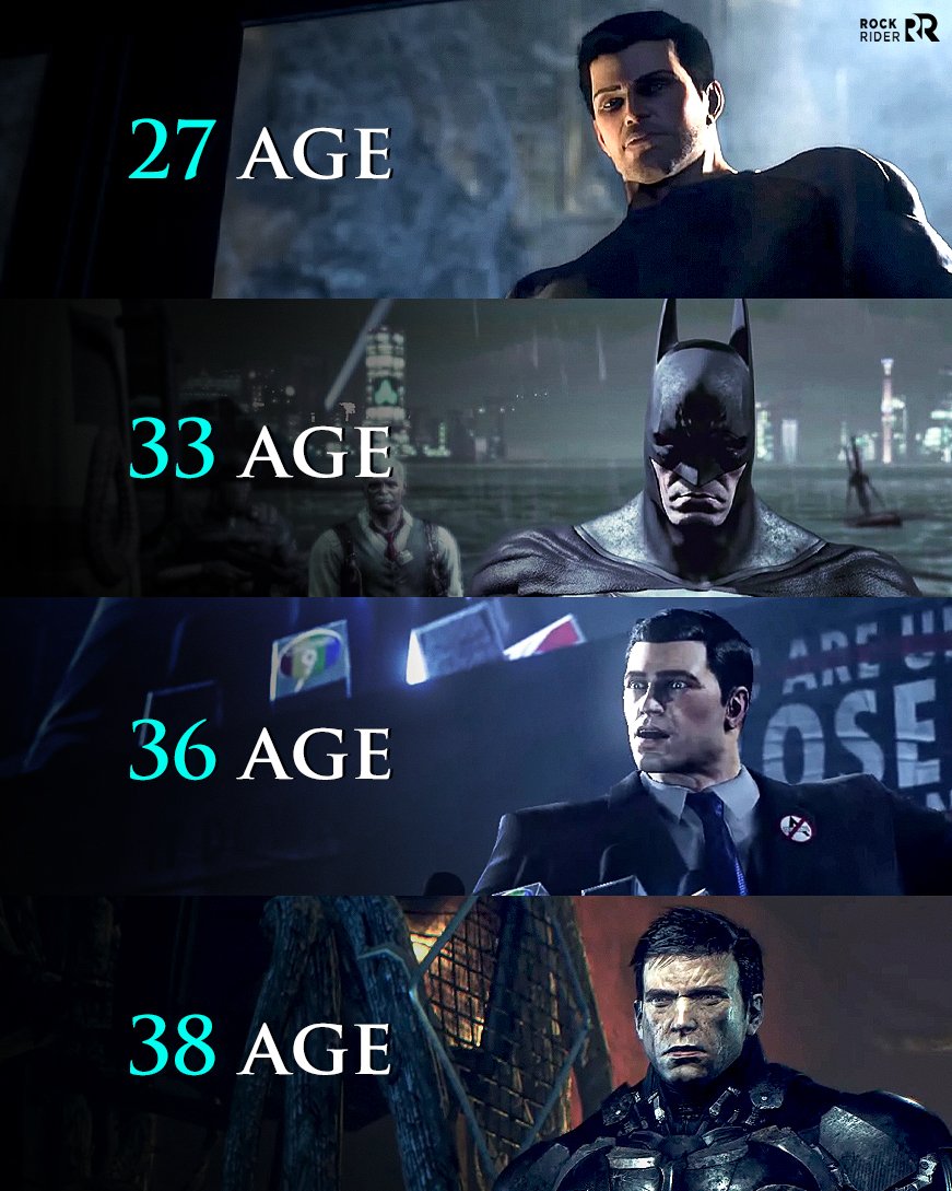 ursRockrider's tweet photo. Arkham-verse Bruce Wayne's Age throughout the series https://t.co/ae58yWt1lR