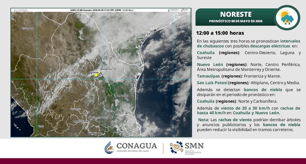 Consulta el #PronósticoDelTiempo para el noreste de #México, durante las próximas tres horas.
