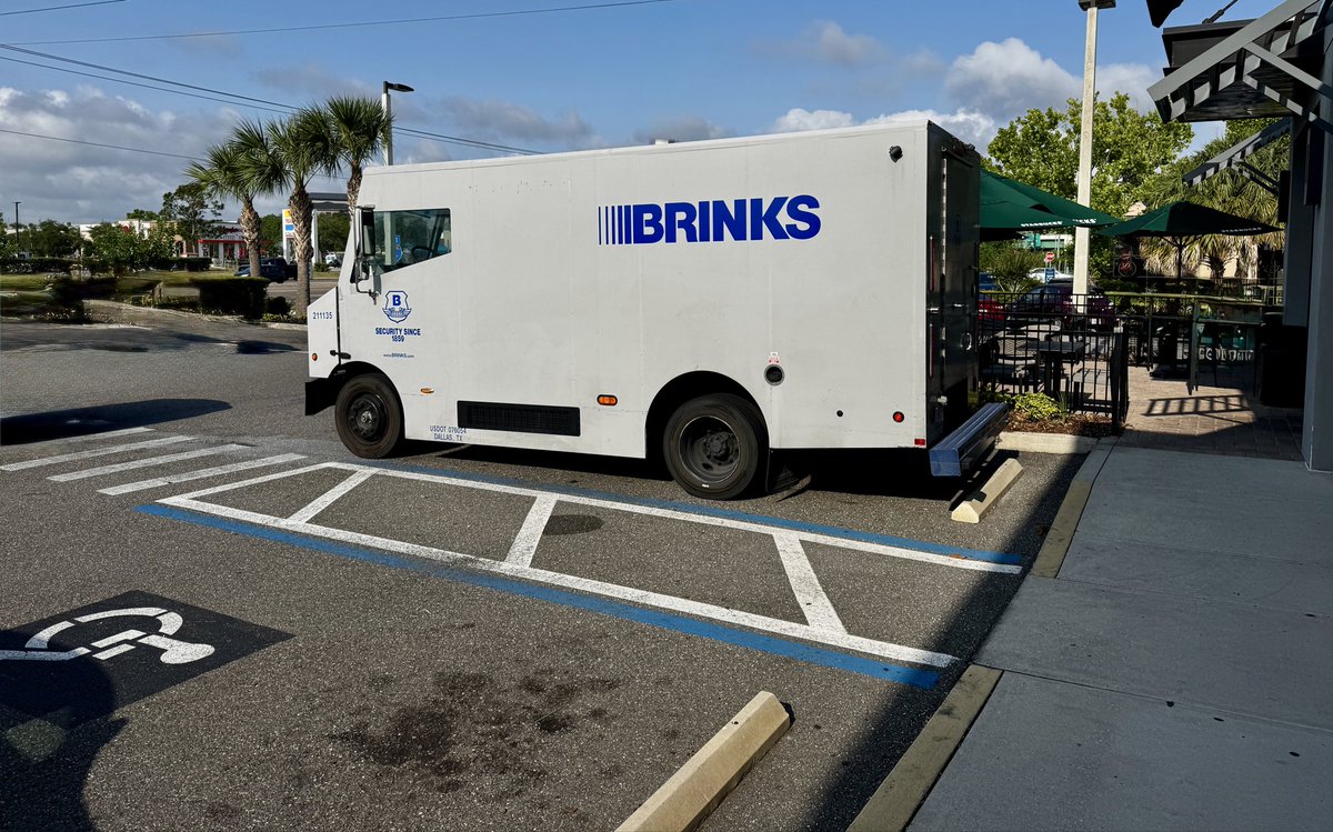 tkennellyX's tweet photo. Why does @Brinks get away with parking in the handicap spots?  Taken in or near Sanford Florida. @SeminoleSO sheriff https://t.co/9eMgBl8EQc