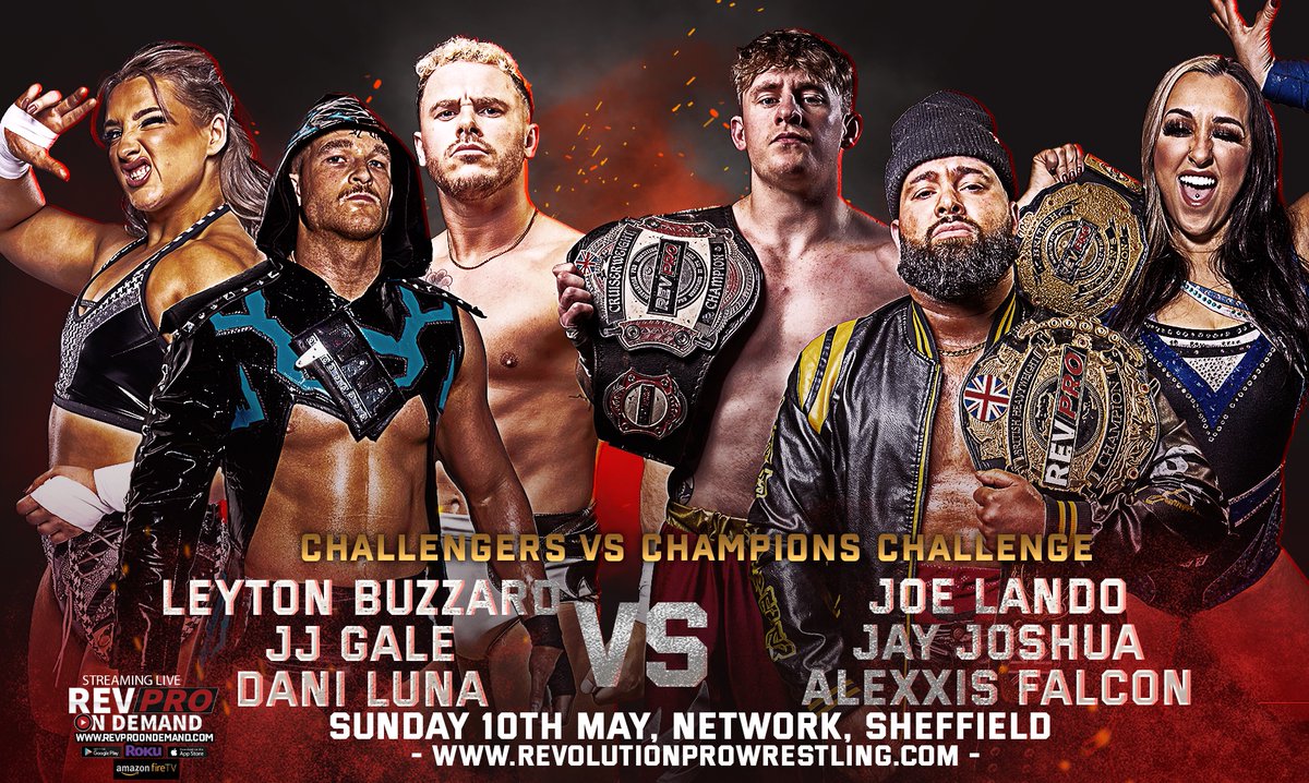 RevProUK's tweet photo. 🚨THIS SUNDAY
May 10th 
Live from Network, Sheffield  

7 days before the singles champions put their gold on the line they will collide against their challengers in Sheffield 🤯

DANI LUNA, JJ GALE & LEYTON BUZZARD VS JOE LANDO, JAY JOSHUA & ALEXXIS FALCON 

🎟️https://t.co/wKEm81xRRK