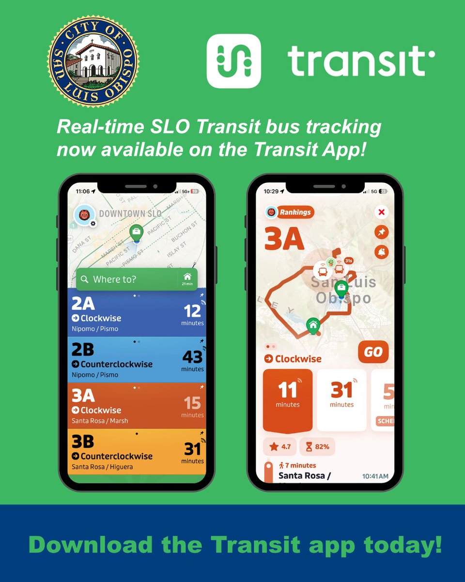 SloTransit's tweet photo. 🚌 Real-time bus info for SLO Transit is now unlocked on the Transit App!

Track your bus live, view arrivals, plan trips, and more with no paywall on SLO Transit routes. 📱

More coming soon 👀 Complimentary Transit Royale access launches in June!

https://t.co/dgcuWqafo9 https://t.co/EFOnUBbKHD