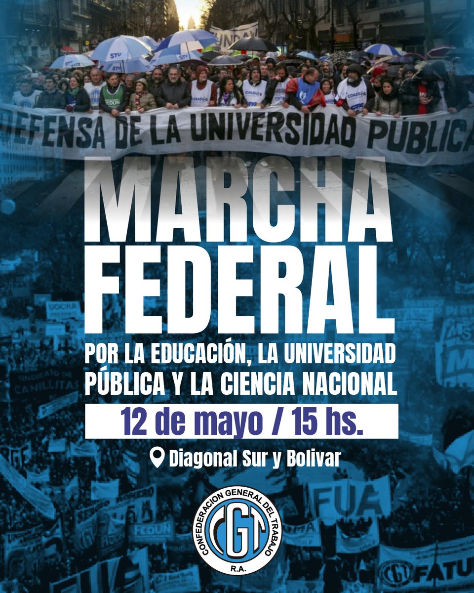 🇦🇷 MARCHA FEDERAL UNIVERSITARIA

Movilizamos a Plaza de Mayo en defensa de la educación, la universidad pública y la ciencia nacional.

🗓️ 12 de mayo
🕒 15:00
📍 Diagonal Sur y Bolívar

Defender la universidad pública es defender el derecho a un futuro mejor, el desarrollo de la