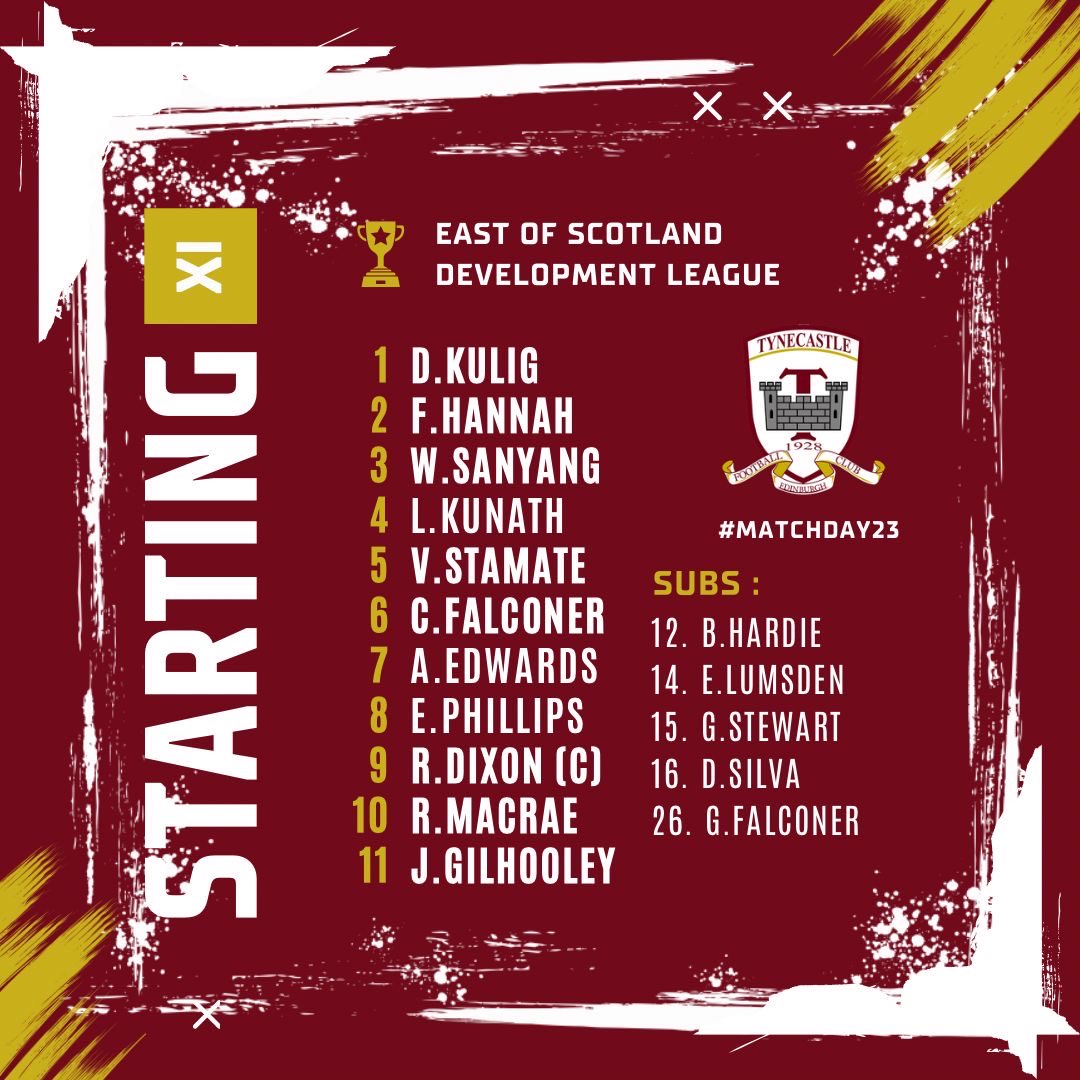 TynecastleFCU20's tweet photo. This is how we line up tonight ⬇️

💪Tynie look to continue this fine form. 
🧤Daniel Kulig returns. 
©️Dixon captains the side. 
⚽️ Jayden Gilhooley looks to continue his goal scoring form. https://t.co/5nKhstLbhH