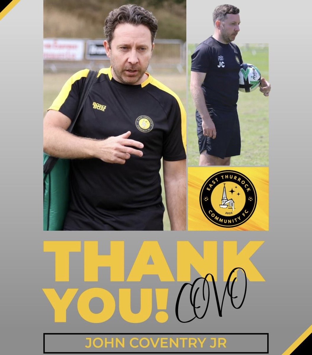 EastThurrockCFC's tweet photo. 🖤 Managerial News 💛

The club would like to express extreme gratitude to John Coventry Jnr for his efforts over the last two seasons. Read club chairman, Jono Edwards and Covo’s personal messages in the post below. #COYR https://t.co/KrRcyzRf9U