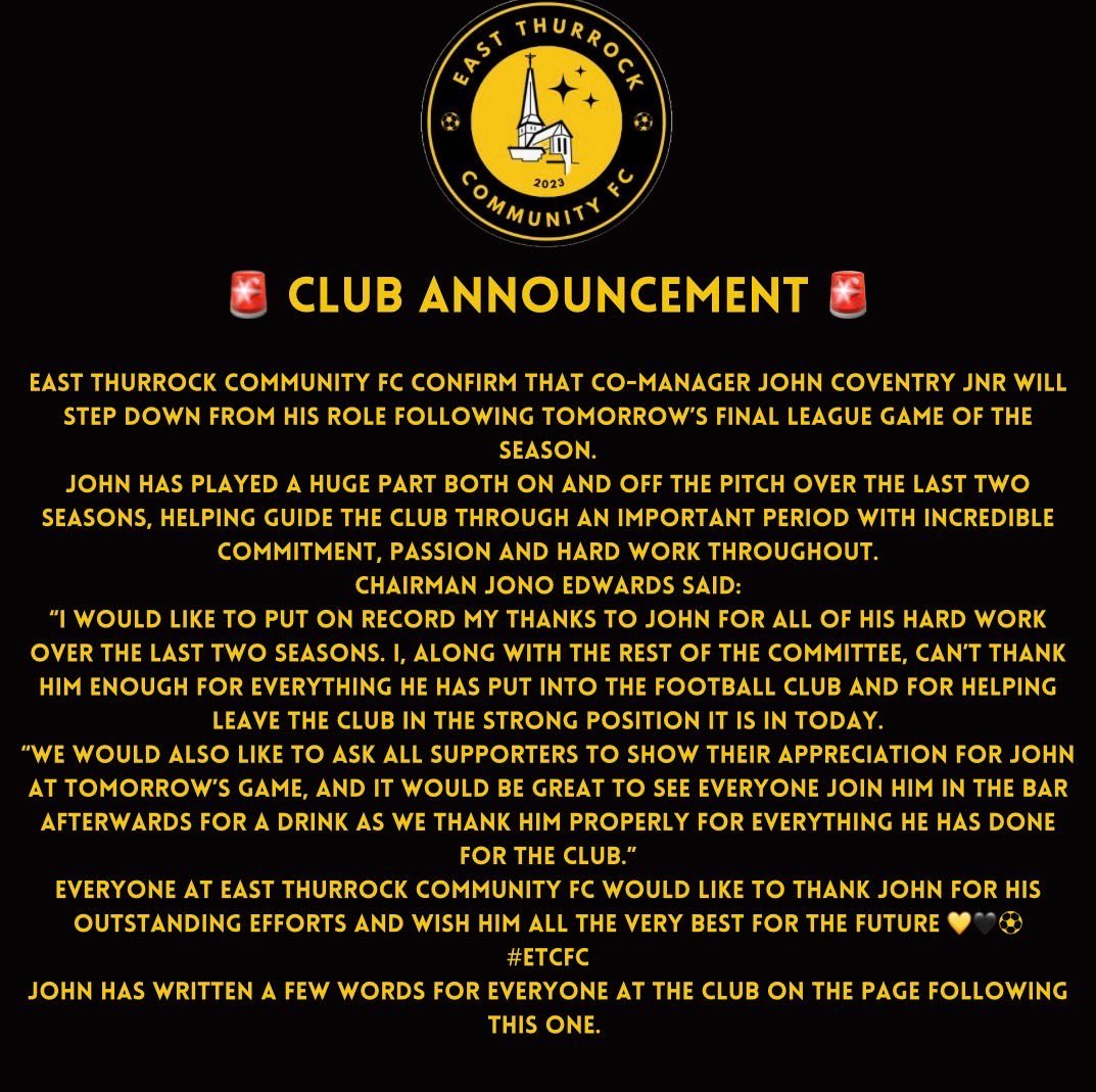 EastThurrockCFC's tweet photo. 🖤 Managerial News 💛

The club would like to express extreme gratitude to John Coventry Jnr for his efforts over the last two seasons. Read club chairman, Jono Edwards and Covo’s personal messages in the post below. #COYR https://t.co/KrRcyzRf9U