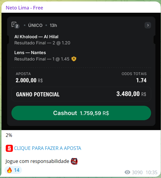 Neto Lima, dono do Feira FC, é um famoso "tipster" (dá dica de apostas). Em grupos de Telegram, revela as apostas dele (essa da imagem é de hoje)

Só que a Lei das Bets proíbe que dirigentes de clubes apostem.

Ela diz que "é vedada a participação, na condição de apostador, de"