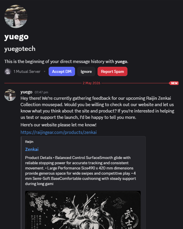 Styllarr's tweet photo. @SingularBun @raijingearco Last week, the "founder" joined some servers that I'm mod on and was mass DM'ing people to try to get testers.

I took a look at the site and saw that everything looked off (pad says 49x42cm but the proportions are wrong) and marked it as a red flag.

Incredibly shameless. https://t.co/zMFT0OFhrM